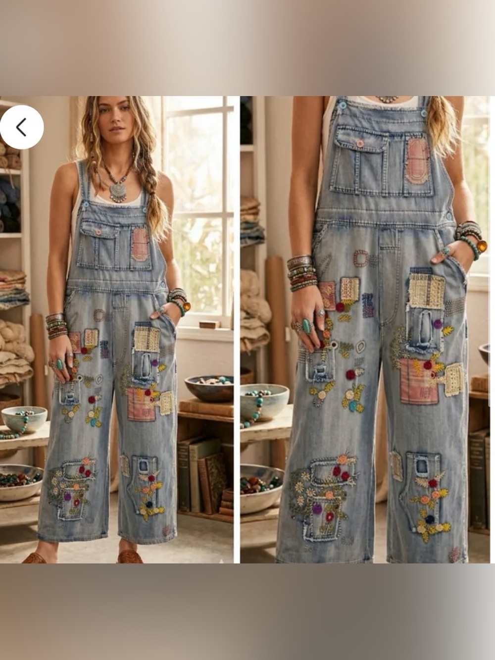 Light Blue Embroidered Denim Overalls for Women